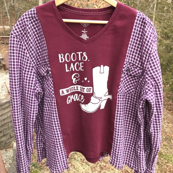 Upcycled Tee, Flannel Sleeves, Size M-L: Reworked Cowgirl Boot Graphic Shirt - Picture 7 of 10
